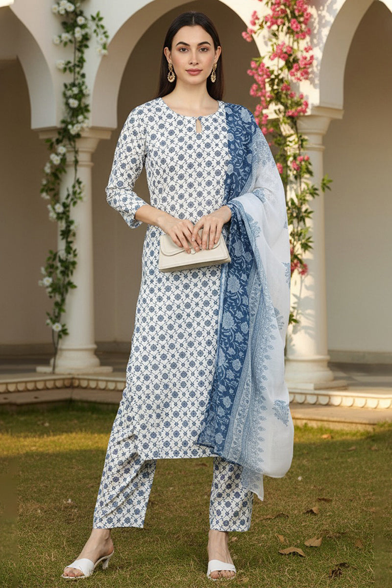 White Poly Crepe Ethnic Motifs Straight Suit Set PKSKD1152
