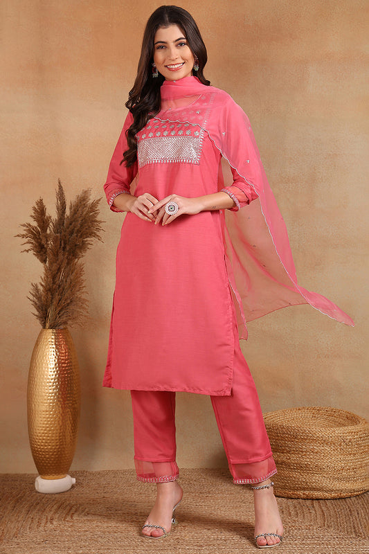 Pink Poly Silk Solid Sequin Straight Suit Set PKSKD1159