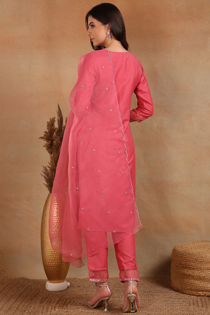 Pink Poly Silk Solid Sequin Straight Suit Set PKSKD1159