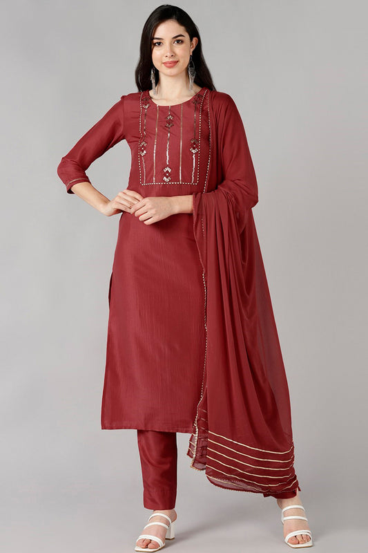 AHIKA Women Red Solid Embroidered Kurta Trousers With Dupatta