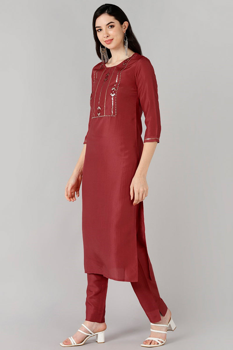 AHIKA Women Red Solid Embroidered Kurta Trousers With Dupatta