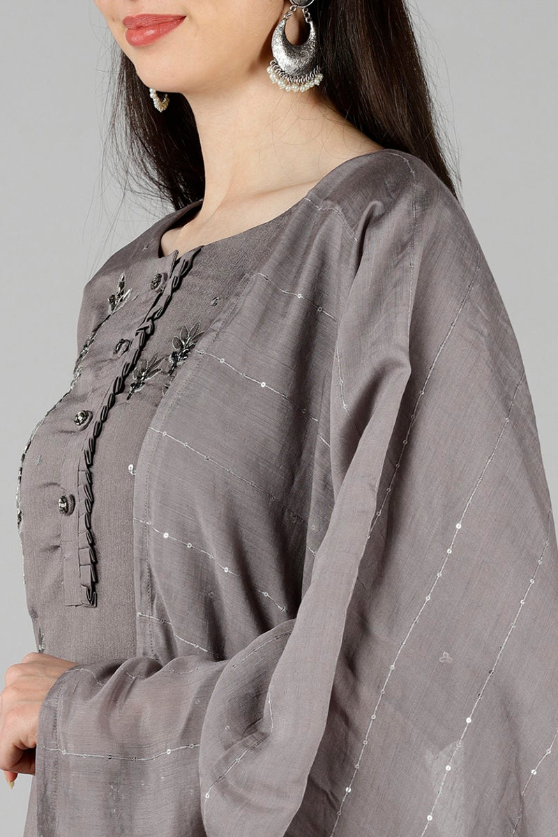 AHIKA Women Grey Solid Embroidered Kurta Sharara With Dupatta PKSKD1218