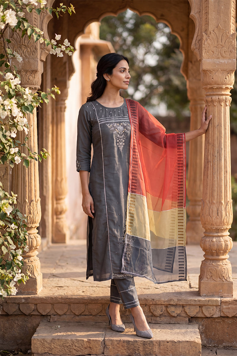 Grey Poly Silk Embroidered Straight Suit Set PKSKD1239