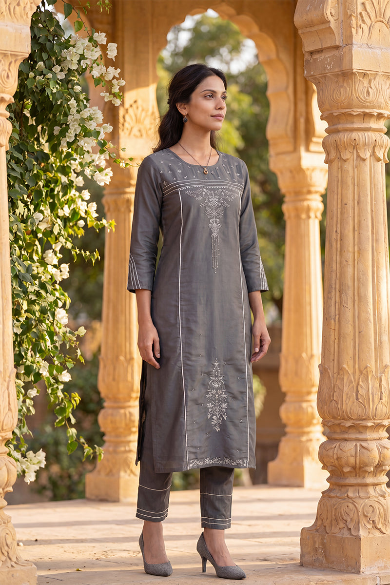 Grey Poly Silk Embroidered Straight Suit Set PKSKD1239