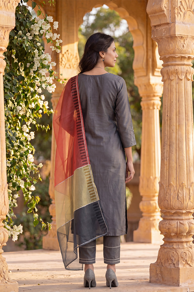 Grey Poly Silk Embroidered Straight Suit Set PKSKD1239