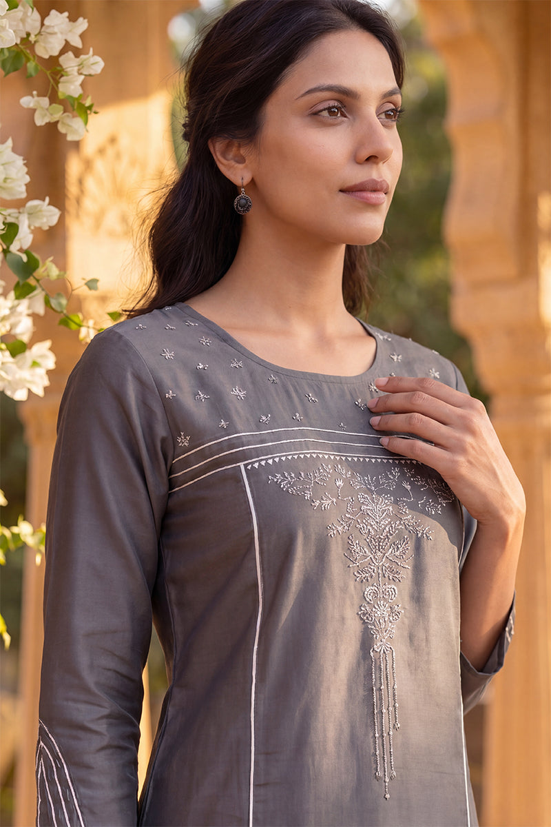 Grey Poly Silk Embroidered Straight Suit Set PKSKD1239