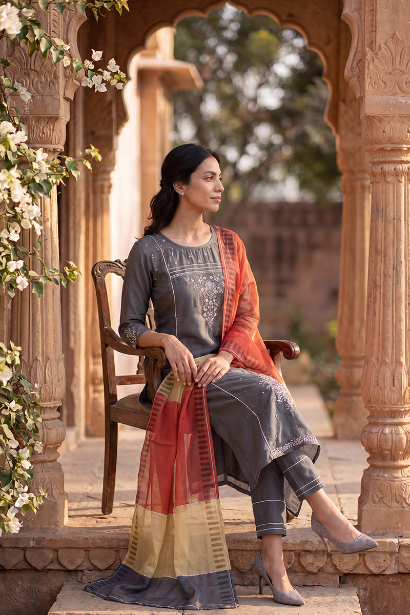 Grey Poly Silk Embroidered Straight Suit Set PKSKD1239