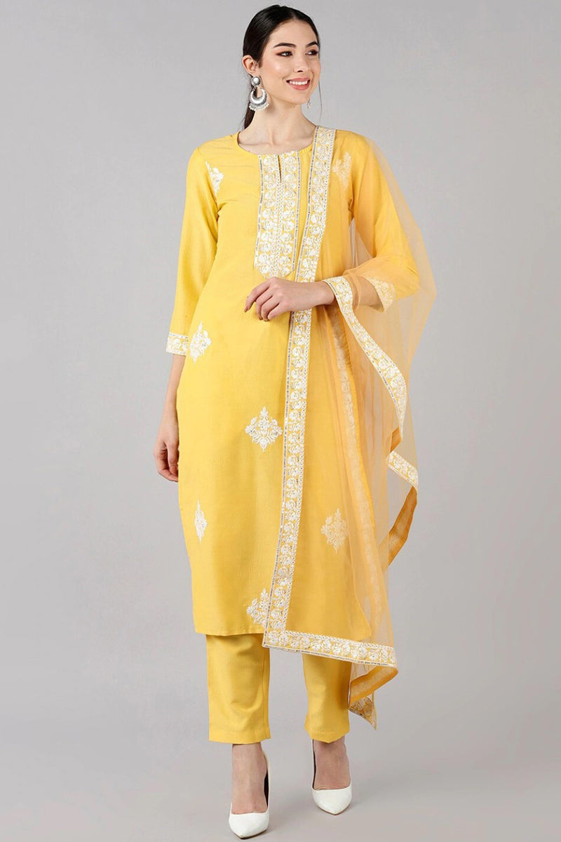 Yellow Poly Silk Embroidered Straight Suit Set PKSKD1265