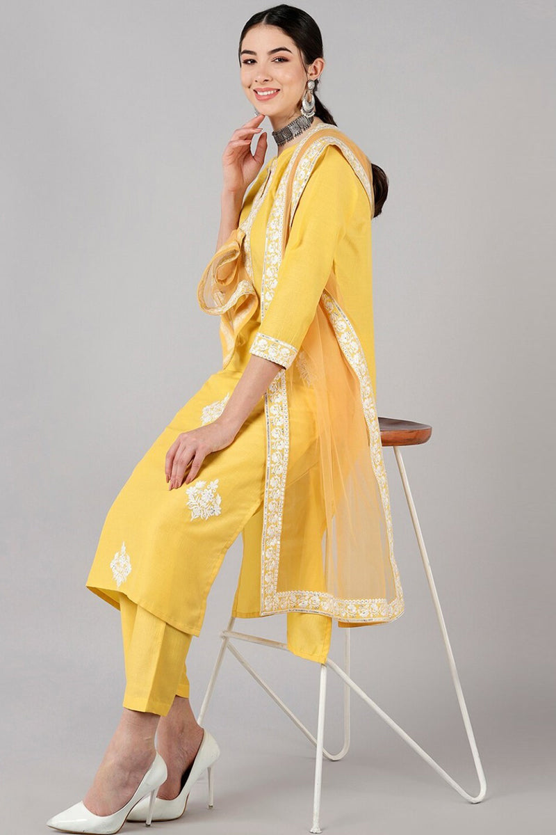 Yellow Poly Silk Embroidered Straight Suit Set PKSKD1265