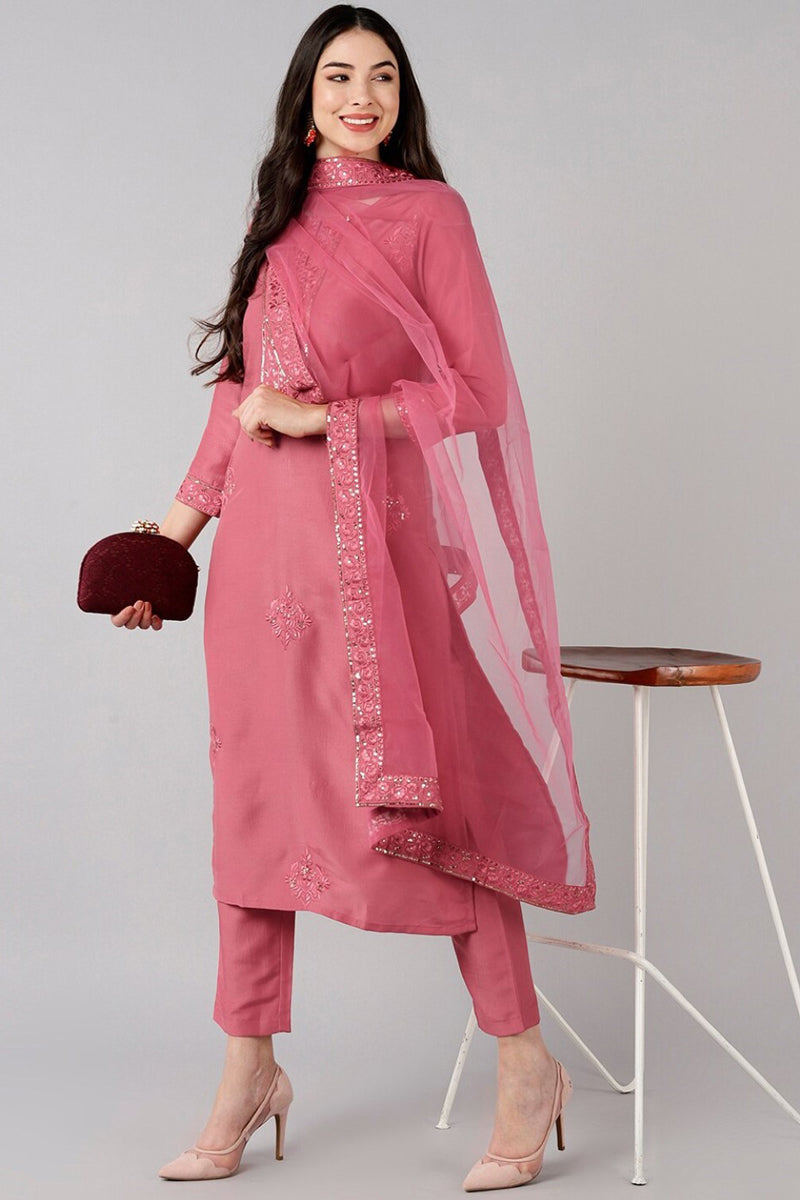 Rose Poly Silk Thread Embroidered Straight Suit Set PKSKD1270