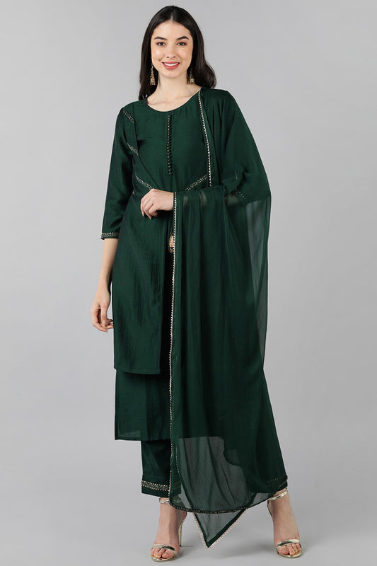 Green Solid Kurti Trousers With Dupatta PKSKD1294