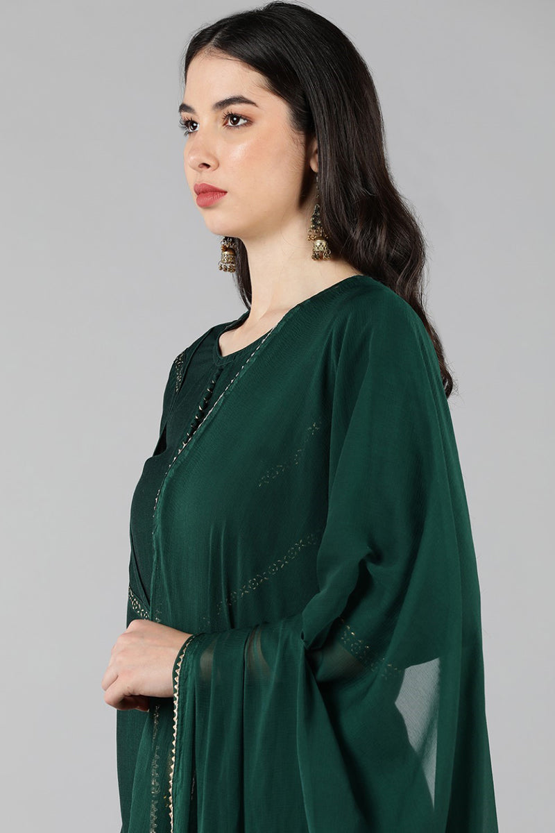 Green Solid Kurti Trousers With Dupatta PKSKD1294