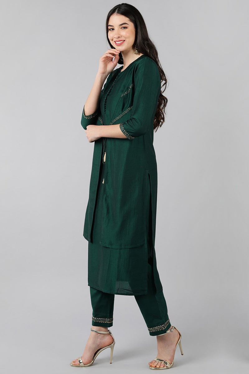 Green Solid Kurti Trousers With Dupatta PKSKD1294