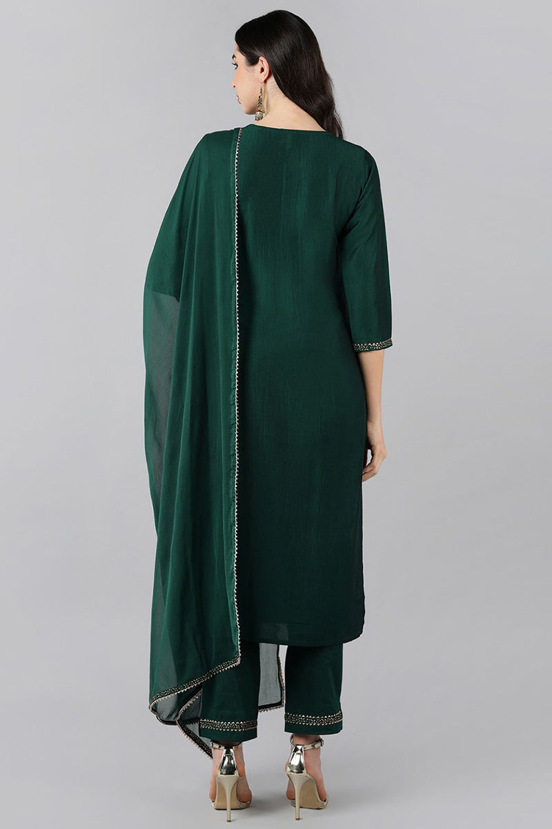 Green Solid Kurti Trousers With Dupatta PKSKD1294