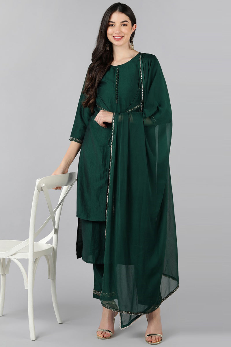 Green Solid Kurti Trousers With Dupatta PKSKD1294