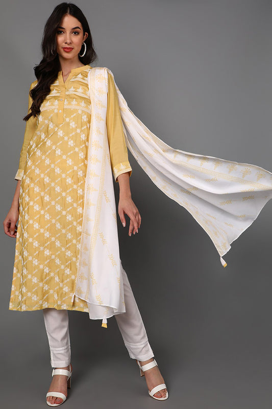 Yellow Poly Silk Ethnic Motifs Straight Suit Set PKSKD1360