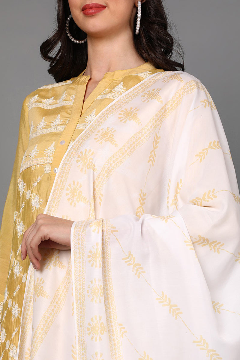 Yellow Poly Silk Ethnic Motifs Straight Suit Set PKSKD1360