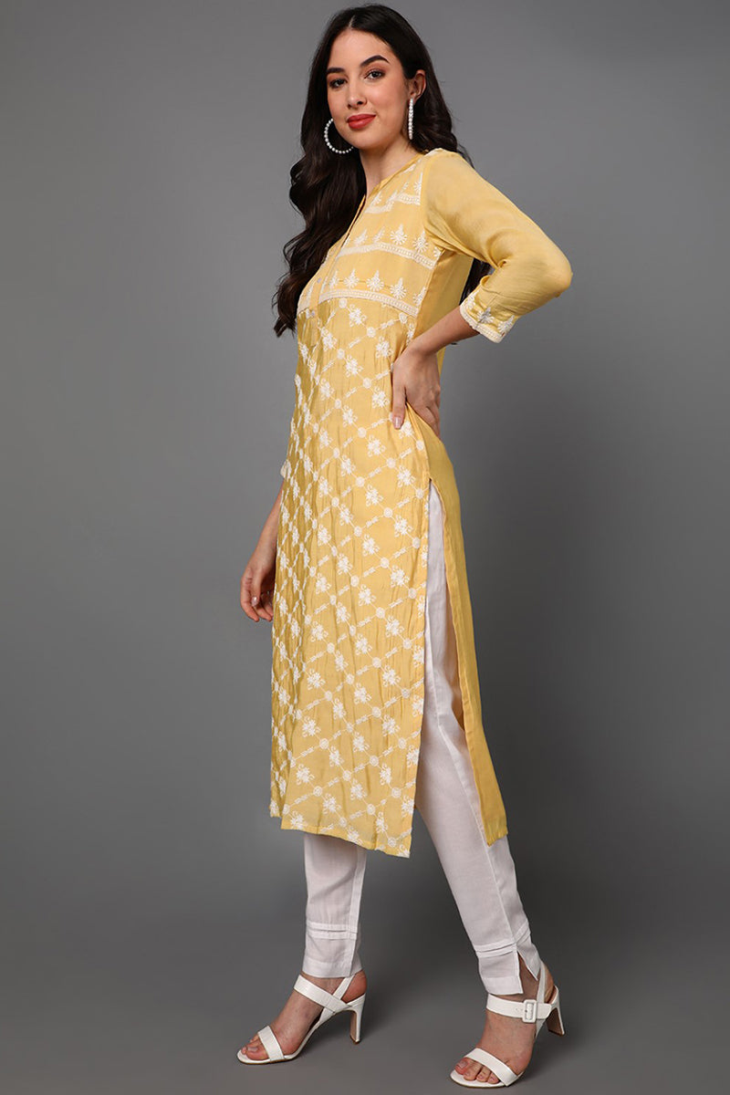 Yellow Poly Silk Ethnic Motifs Straight Suit Set PKSKD1360