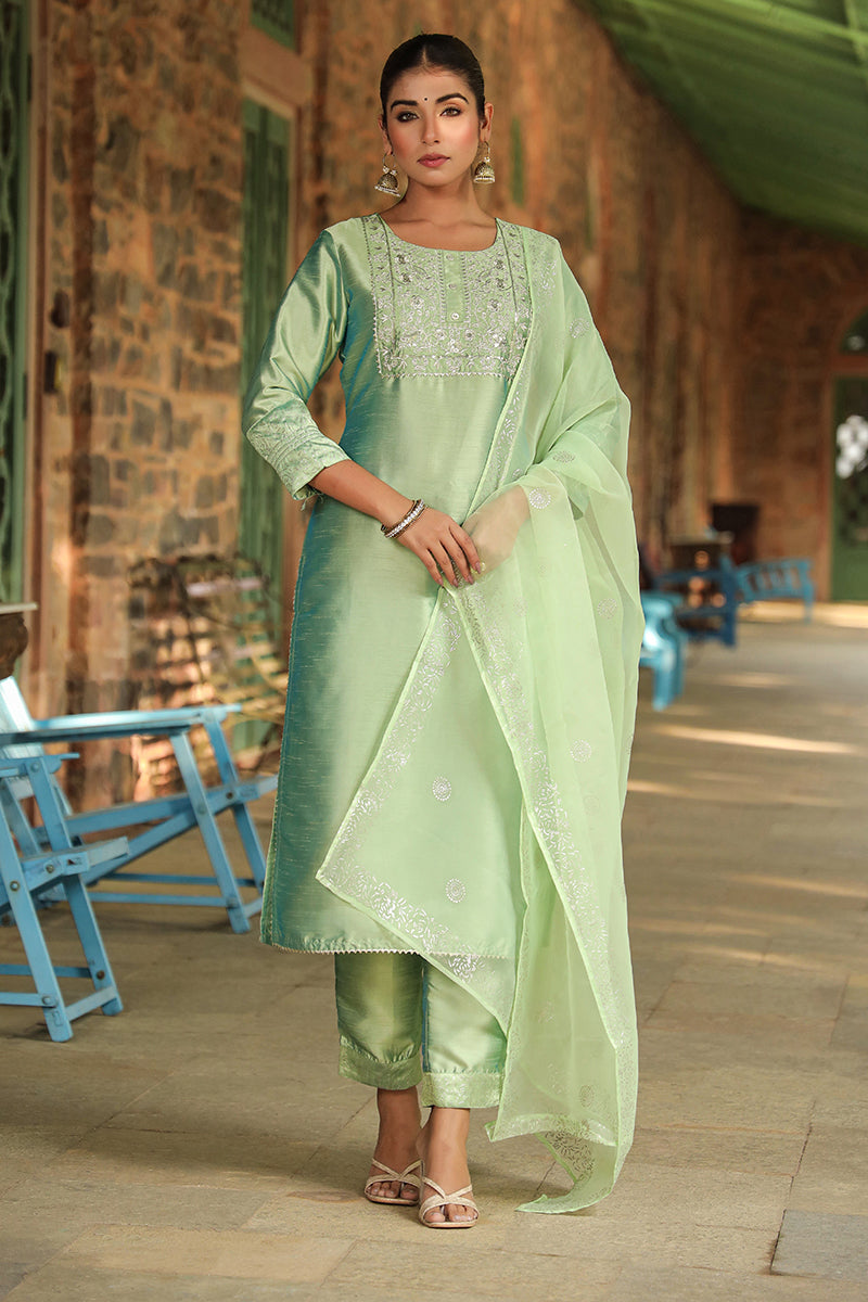 Green Floral Yoke Design Panelled Suit Set PKSKD1431