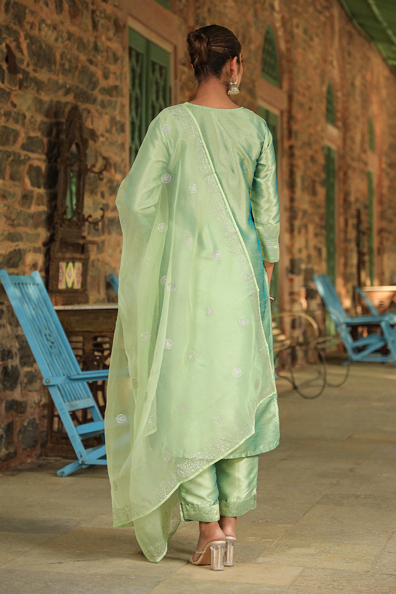 Green Floral Yoke Design Panelled Suit Set PKSKD1431