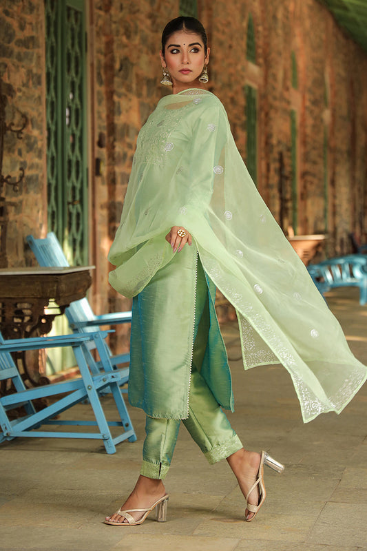 Green Floral Yoke Design Panelled Suit Set PKSKD1431