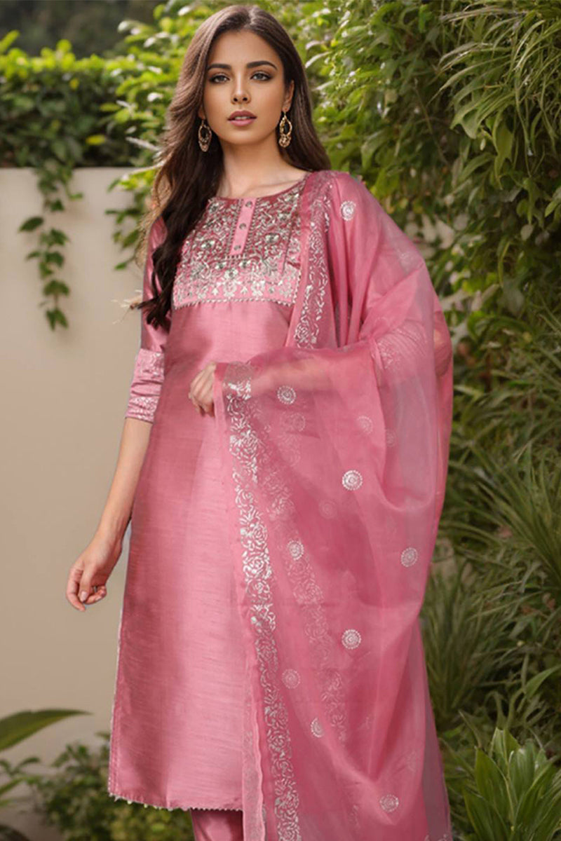 Pink Floral Yoke Design Panelled Suit Set PKSKD1432