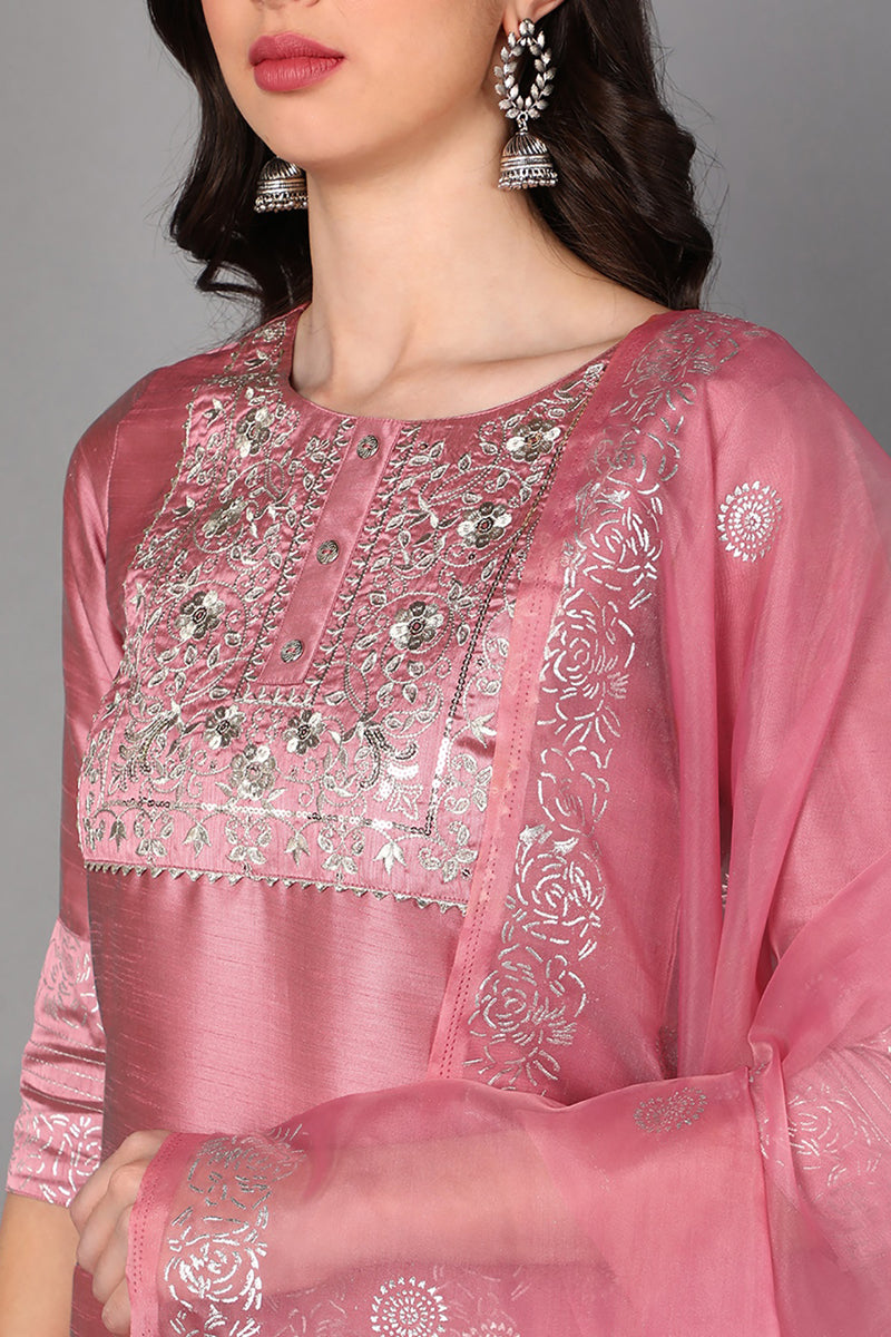 Pink Floral Yoke Design Panelled Suit Set PKSKD1432