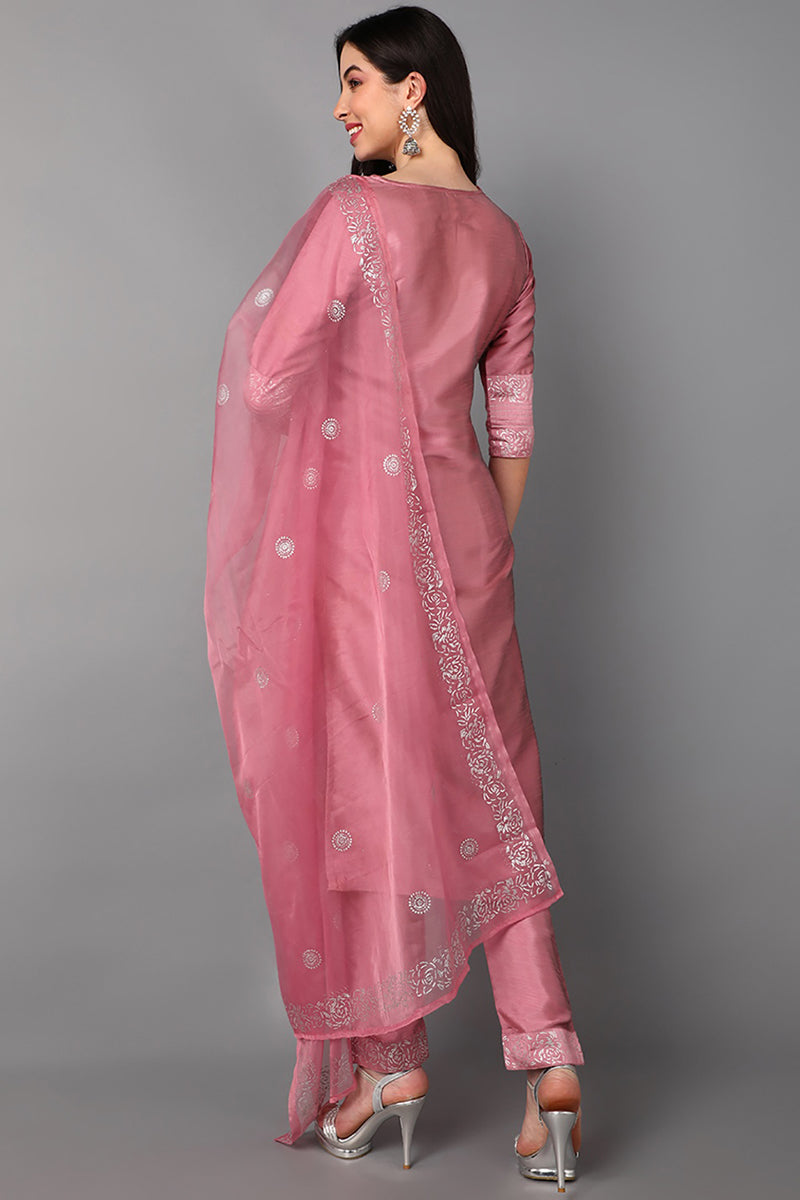 Pink Floral Yoke Design Panelled Suit Set PKSKD1432