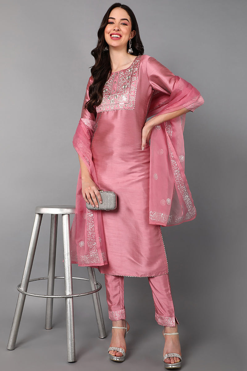 Pink Floral Yoke Design Panelled Suit Set PKSKD1432