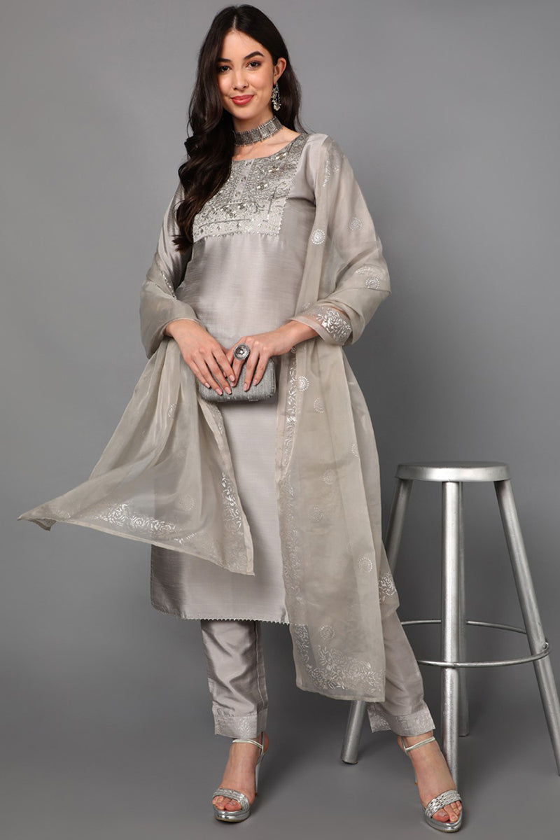 Grey Floral Yoke Design Panelled Suit Set PKSKD1433