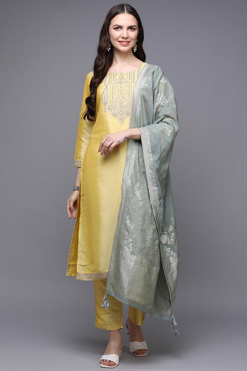 Yellow Poly Silk Floral Straight Suit Set PKSKD1476