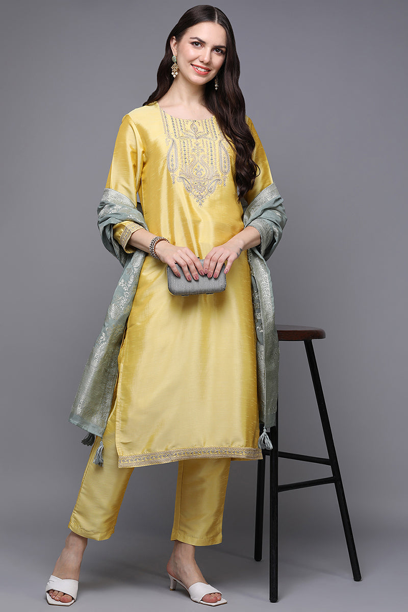 Yellow Poly Silk Floral Straight Suit Set PKSKD1476