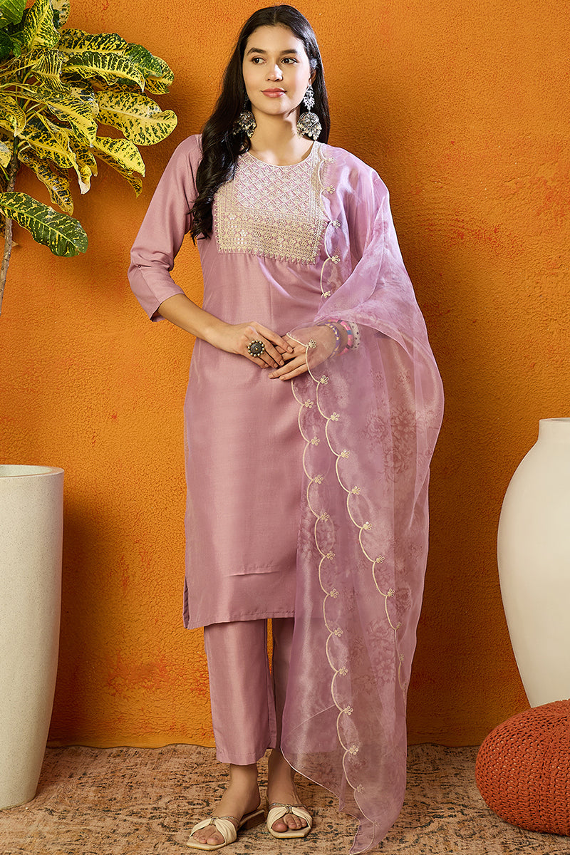 Lavender Poly Silk Straight Kurta Pant With Dupatta PKSKD1508