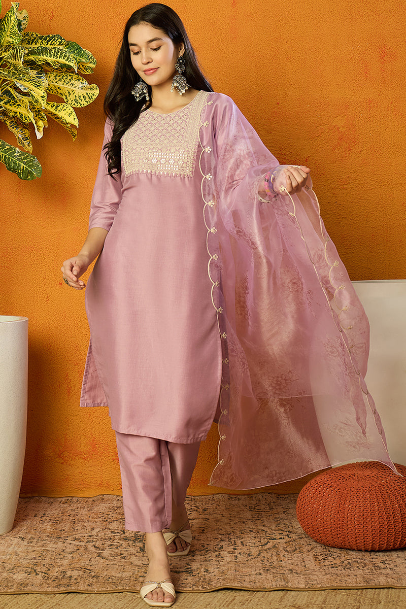 Lavender Poly Silk Straight Kurta Pant With Dupatta PKSKD1508