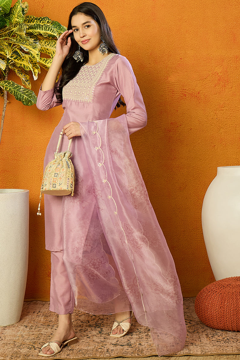 Lavender Poly Silk Straight Kurta Pant With Dupatta PKSKD1508