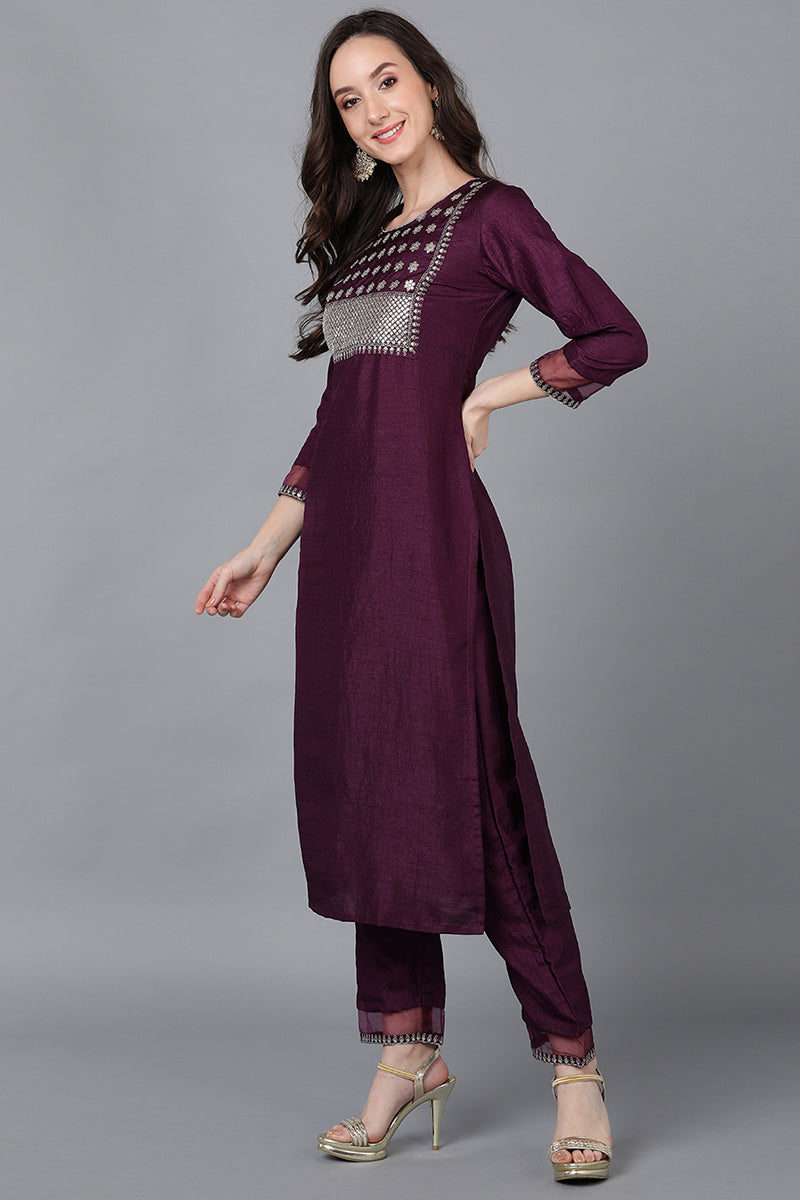 Purple Poly Silk Solid Straight Suit Set PKSKD1548