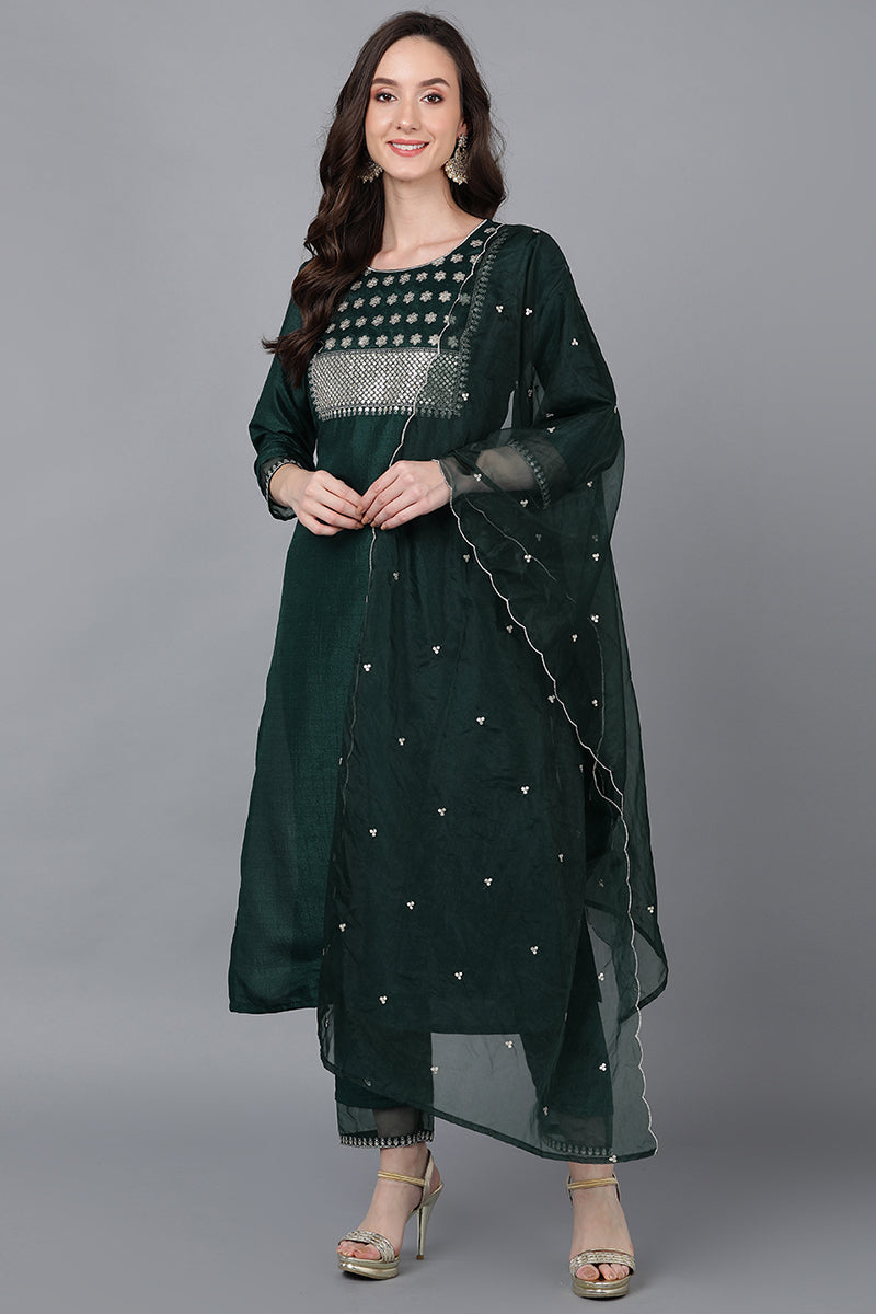 Green Poly Silk Solid Straight Suit Set PKSKD1549