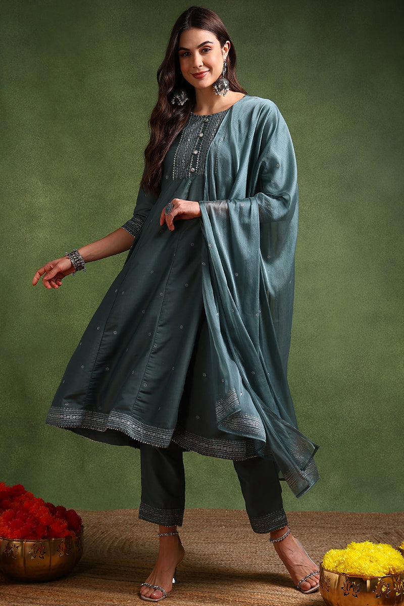 Teal Poly Silk Anarkali Kurta Pant With Dupatta PKSKD1576