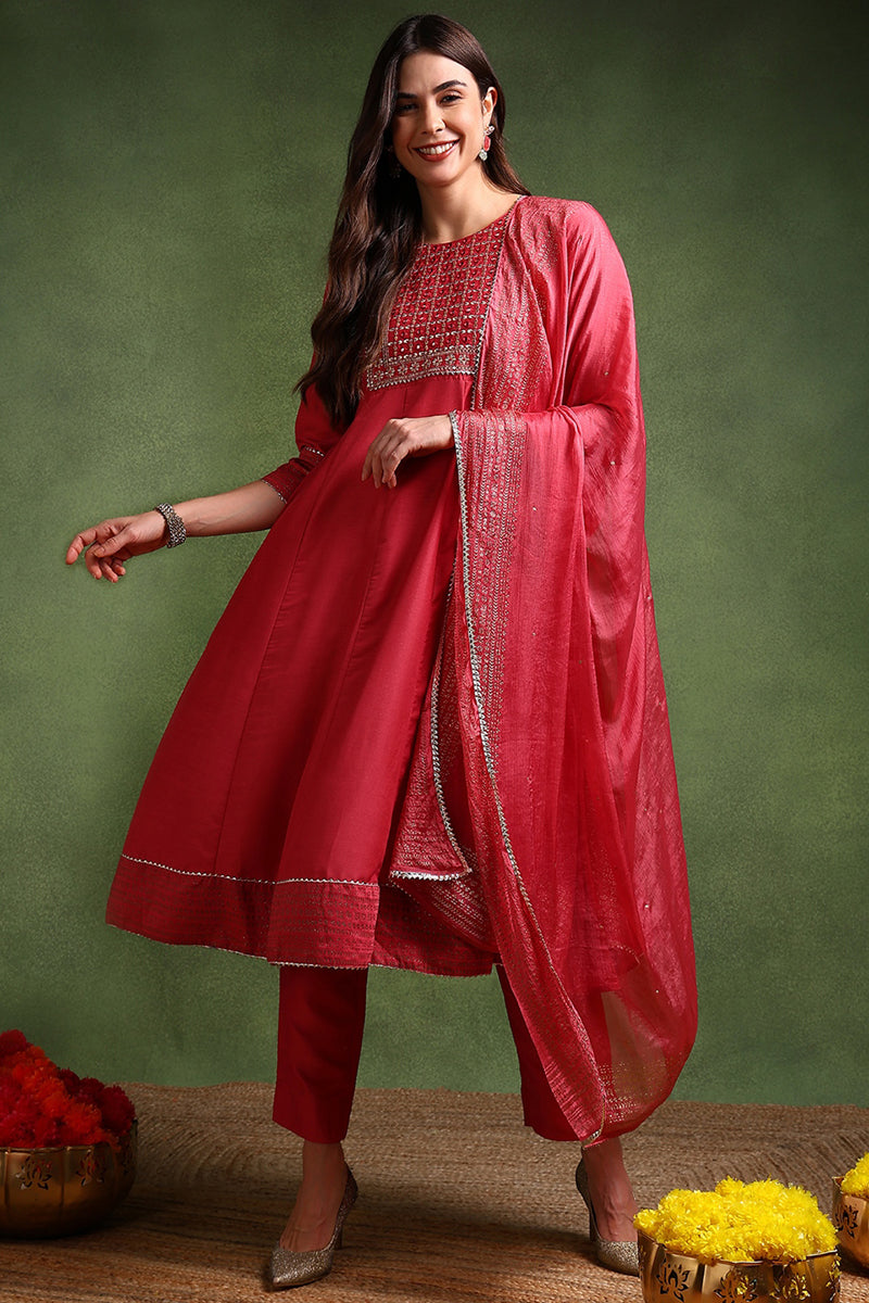 Rose Poly Silk Solid Yoke Design Kurta Trousers With Dupatta PKSKD1579