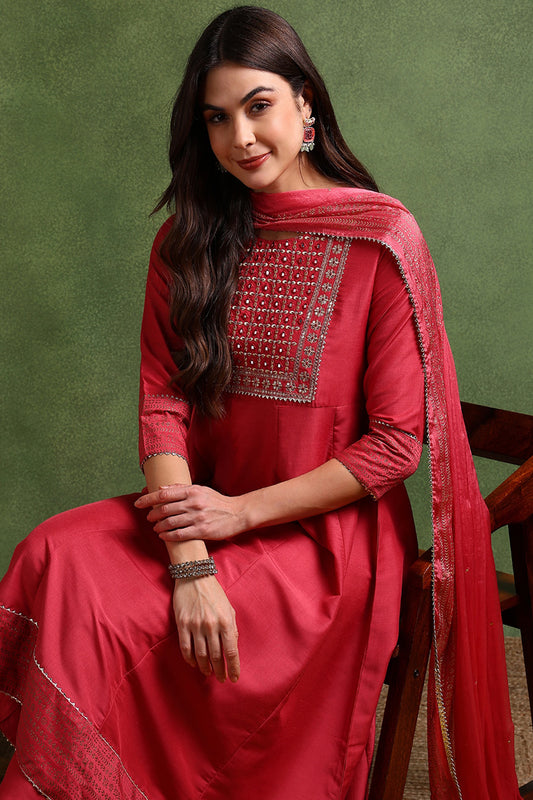 Rose Poly Silk Solid Yoke Design Kurta Trousers With Dupatta PKSKD1579