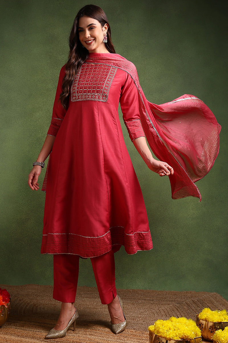 Rose Poly Silk Solid Yoke Design Kurta Trousers With Dupatta PKSKD1579