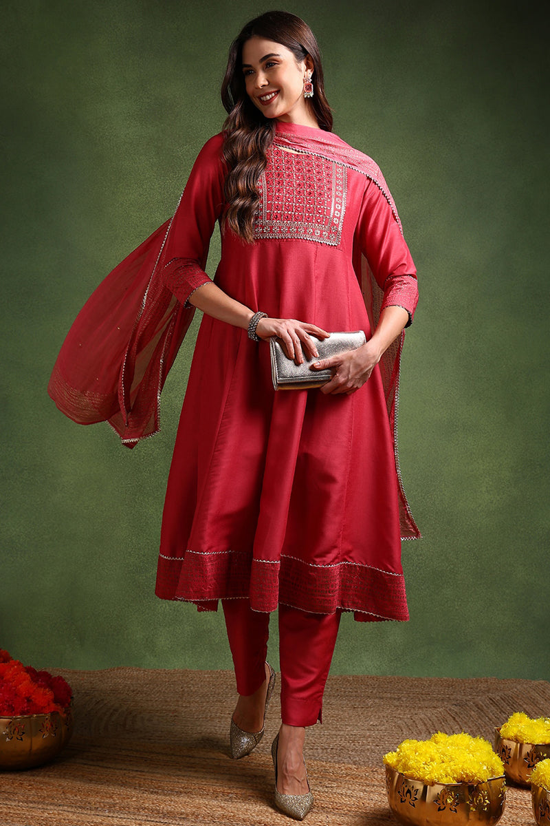 Rose Poly Silk Solid Yoke Design Kurta Trousers With Dupatta PKSKD1579