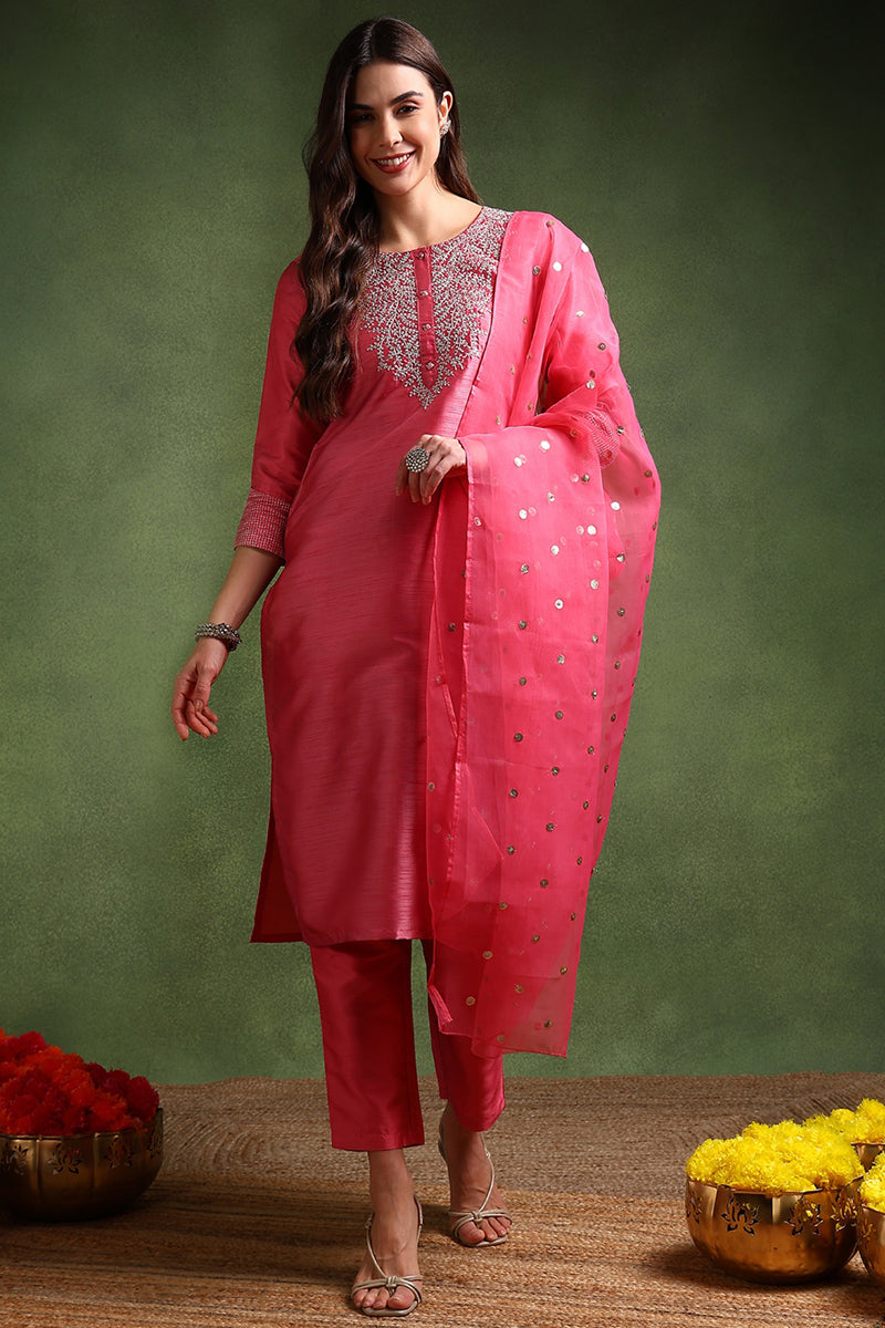 Pink Poly Silk Solid Yoke Design Kurta Trousers With Dupatta PKSKD1586