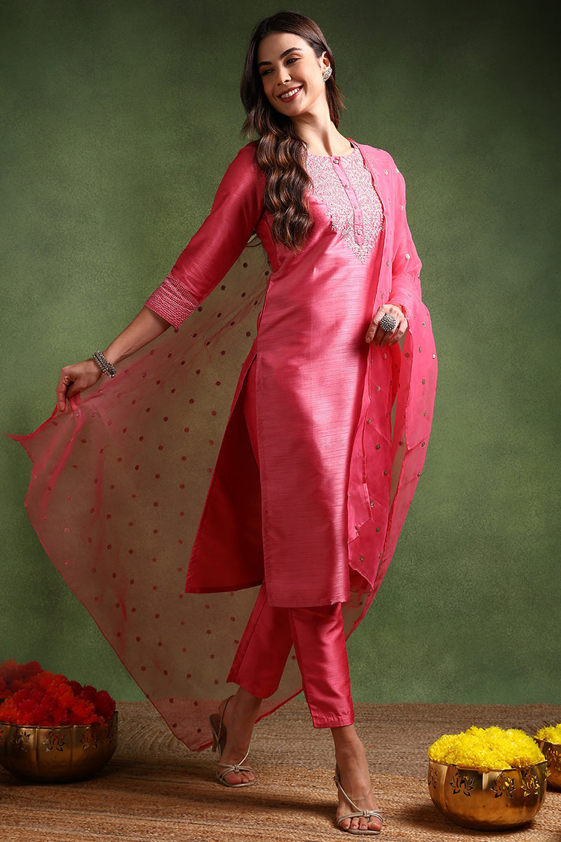 Pink Poly Silk Solid Yoke Design Kurta Trousers With Dupatta PKSKD1586