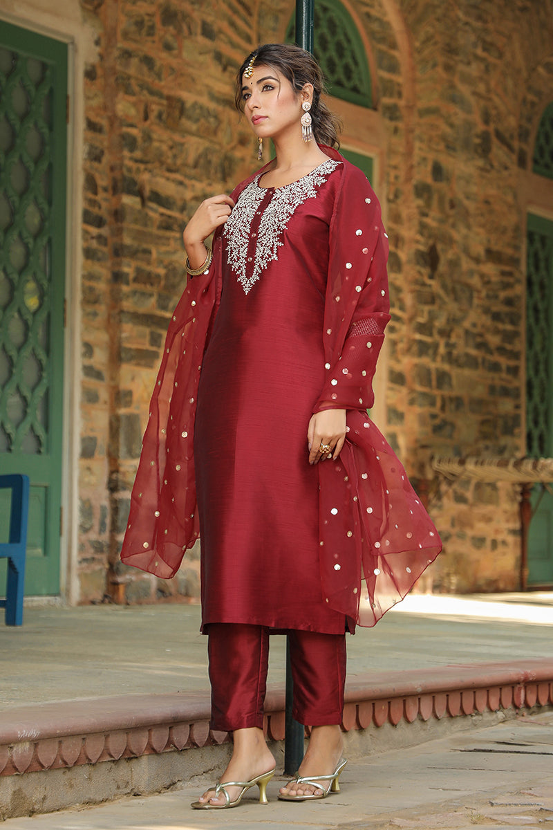 Maroon Poly Silk Solid Yoke Design Kurta Trousers With Dupatta PKSKD1587