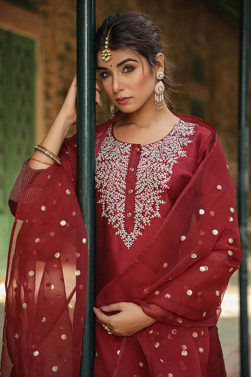 Maroon Poly Silk Solid Yoke Design Kurta Trousers With Dupatta PKSKD1587