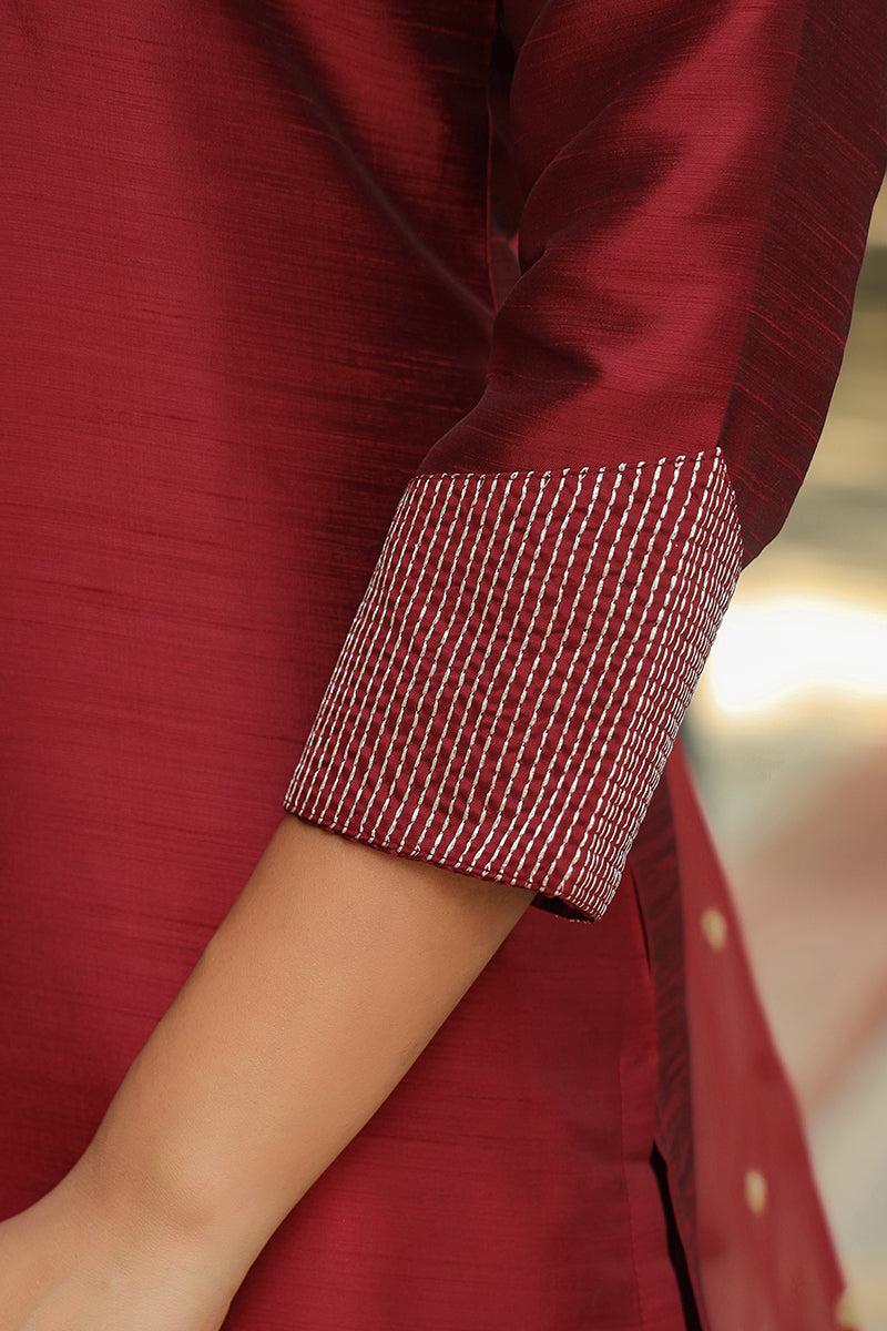 Maroon Poly Silk Solid Yoke Design Kurta Trousers With Dupatta PKSKD1587