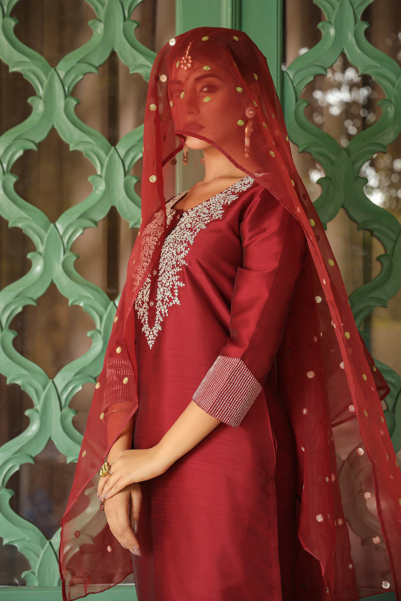 Maroon Poly Silk Solid Yoke Design Kurta Trousers With Dupatta PKSKD1587