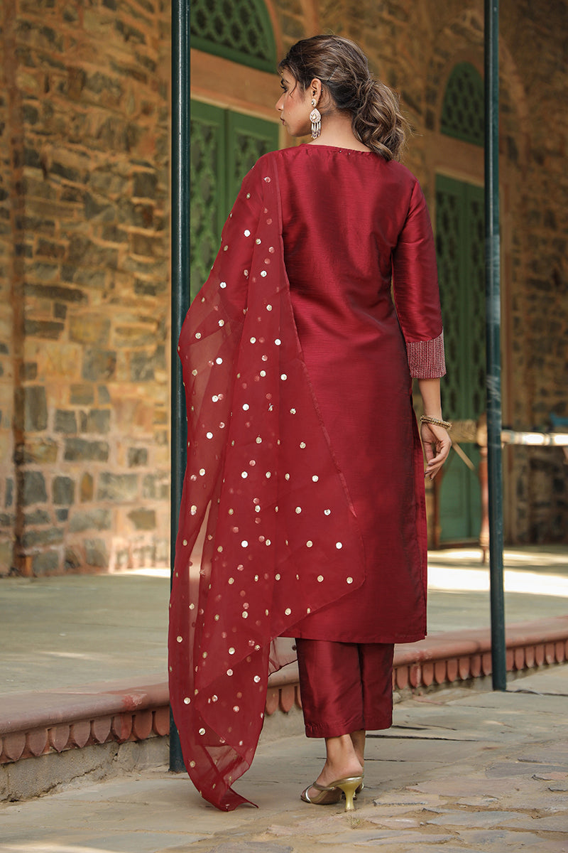 Maroon Poly Silk Solid Yoke Design Kurta Trousers With Dupatta PKSKD1587