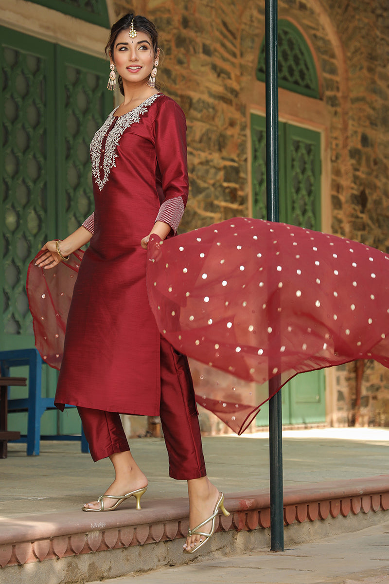 Maroon Poly Silk Solid Yoke Design Kurta Trousers With Dupatta PKSKD1587